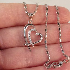18K White Gold Filled Layered Heart Diamond Zircon Pendant Necklace Gift